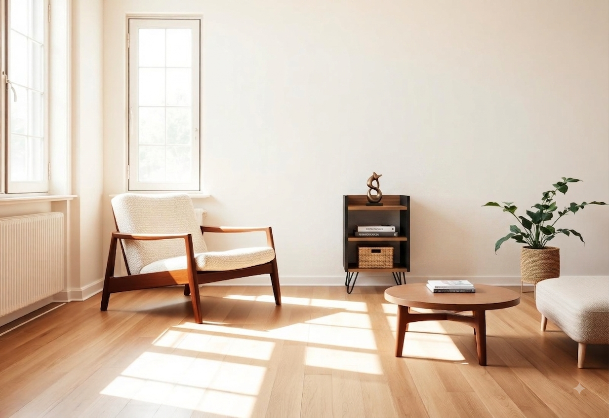Poltrona Decorize com estrutura em madeira nogueira e assento em bouclê creme em sala minimalista