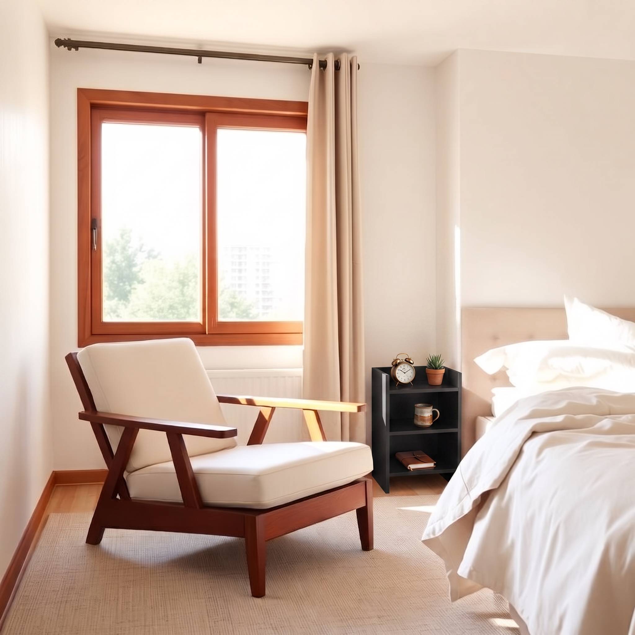 Poltrona Decorize em um cantinho de leitura com estante e luz quente
