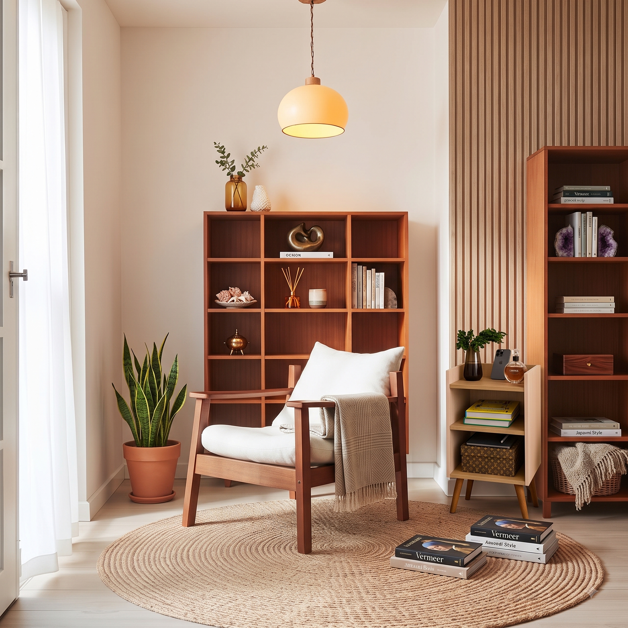Poltrona Decorize ao lado de uma janela em quarto minimalista com roupa de cama em linho